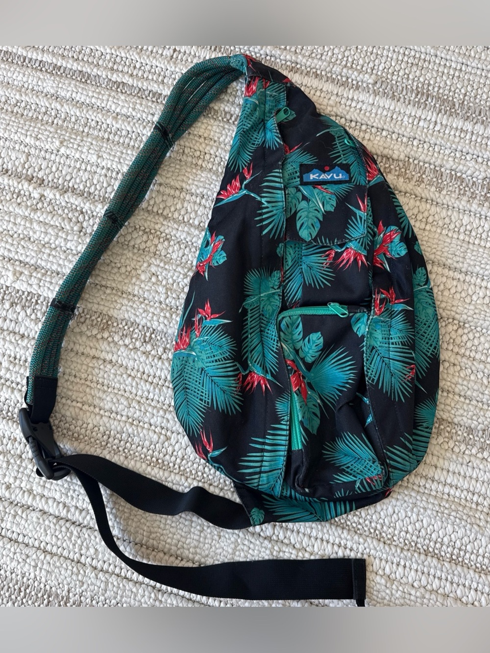 KAVU Black Tropical Print Sling Bag - Teal & Red Accents floral